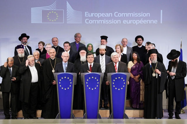 EU Council President Van Rompuy, EU Commission President Barroso and EU Parliament Vice-President Surjan hold a joint news conference with religious leaders in Brussels